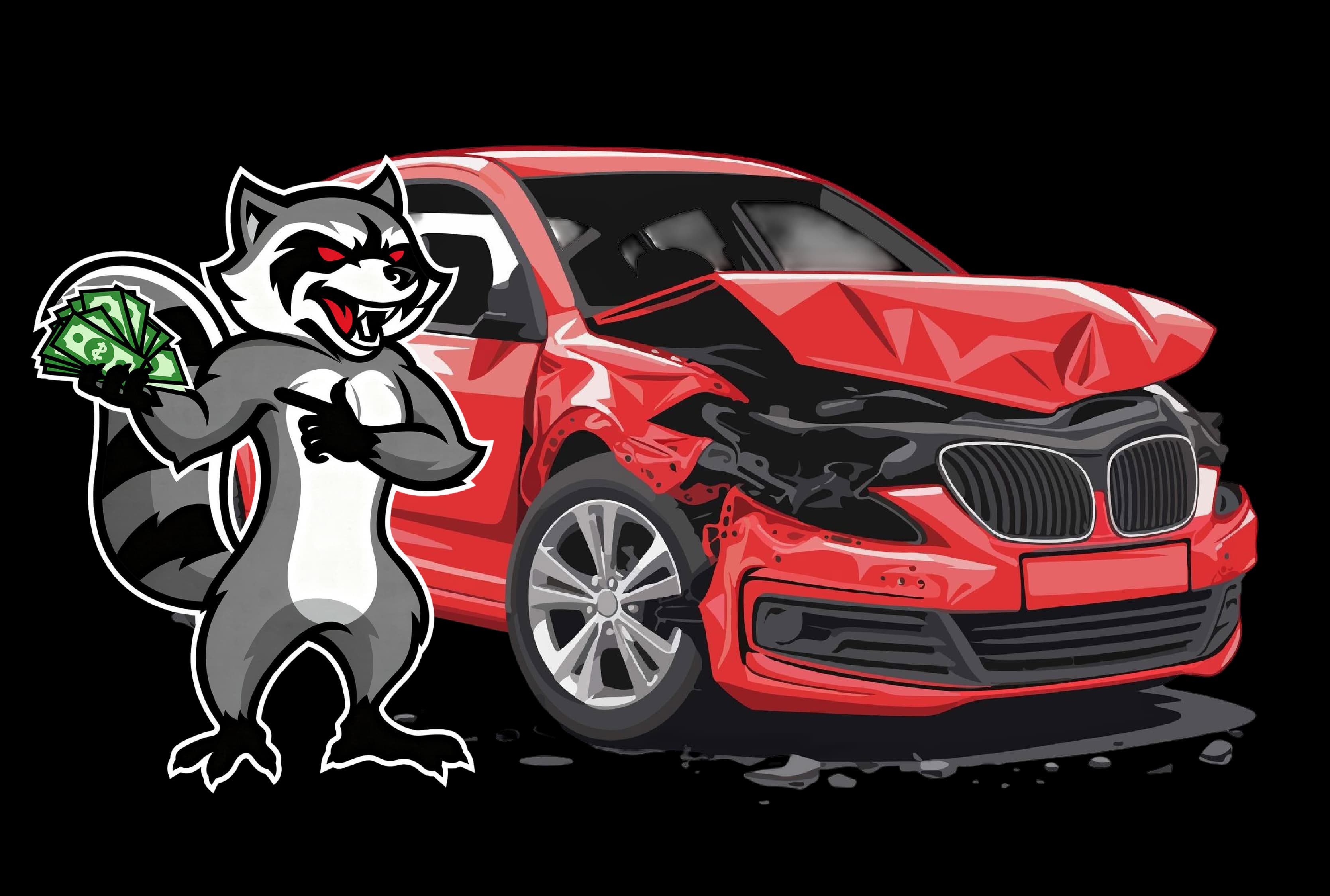 Cash For Cars raccoon mascot holding cash next to a crashed red car