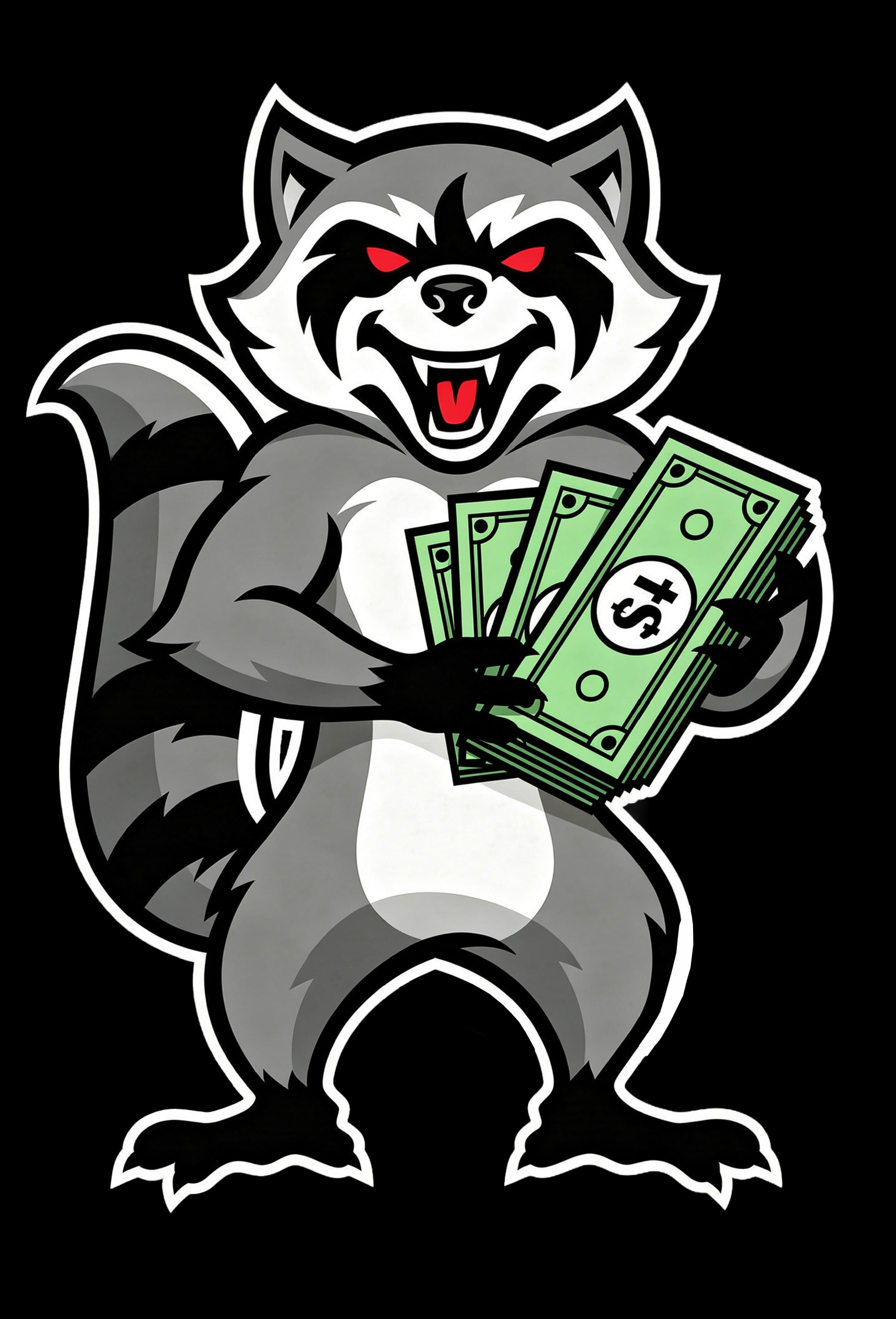 Cash For Cars raccoon mascot holding a stack of cash