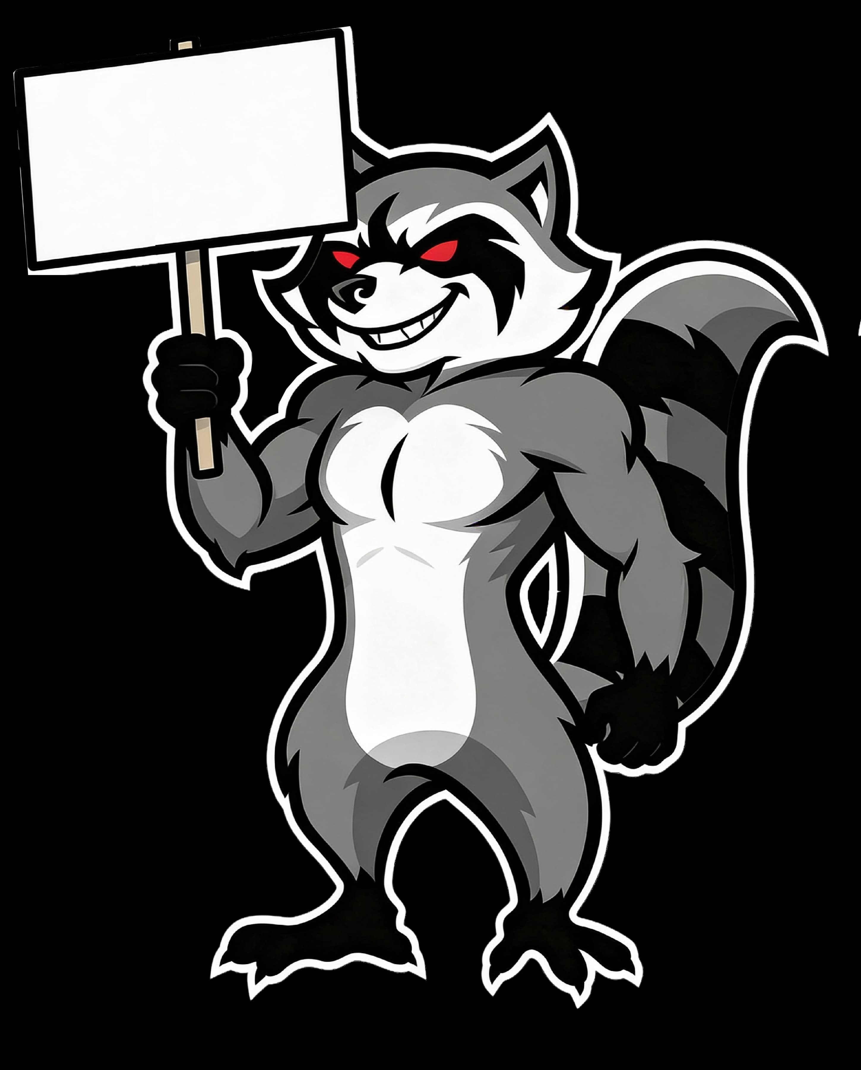 Cash For Cars raccoon mascot holding a blank service-area sign