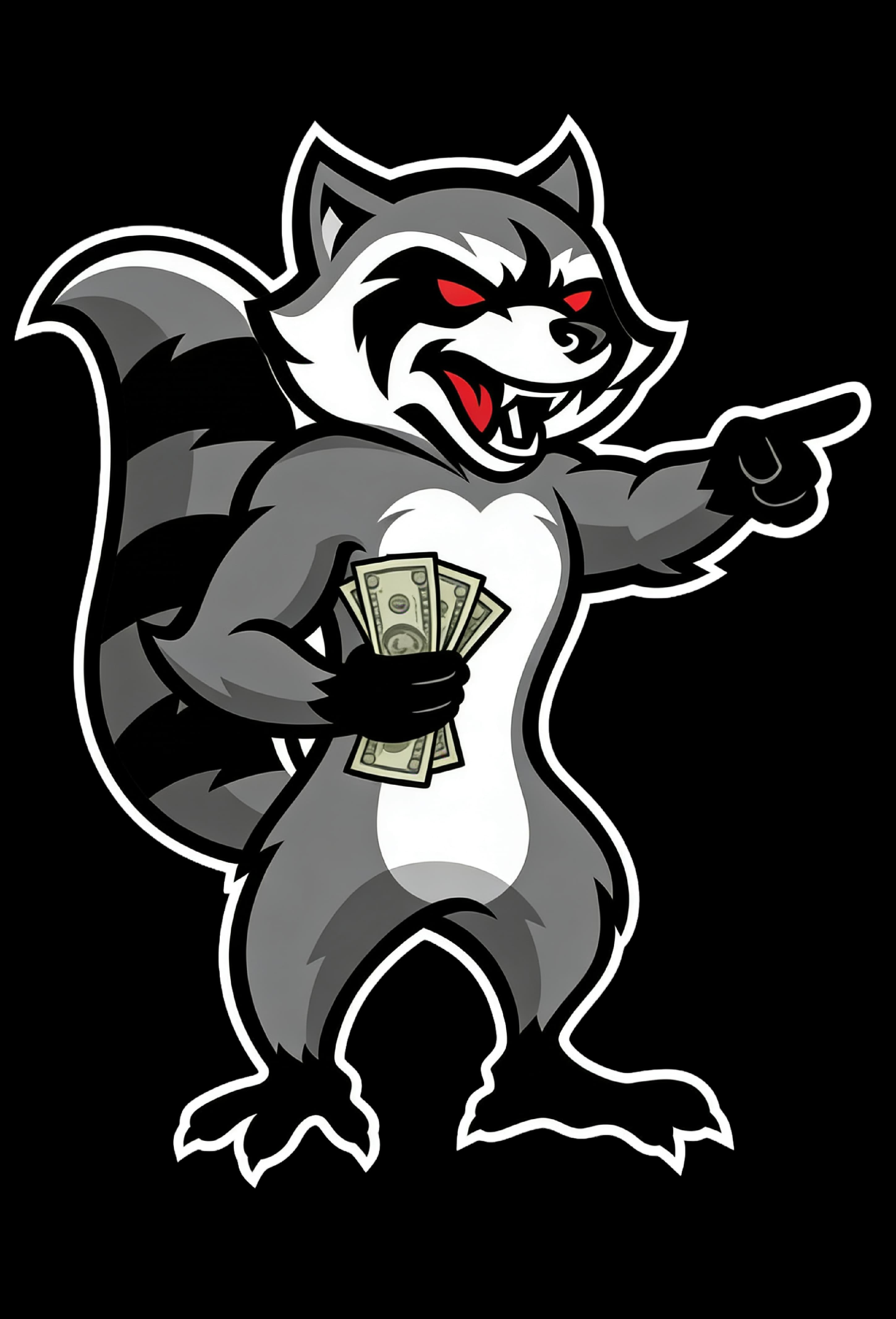 Cash For Cars raccoon mascot pointing while holding cash